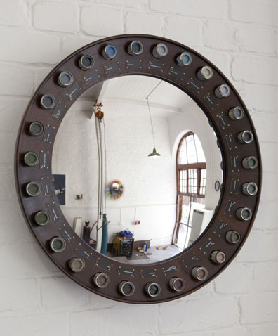 Click the image for a view of: Pretoria Mirror 2015 Convex security mirror, Panga Panga (Partridge wood), 27 model paint canisters, magnets Edition 5 630X630X110mm